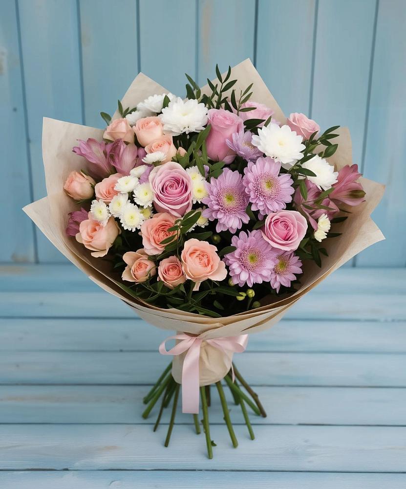 Букет цветов из: Хризантемы, Розы и Альстромерии в Субханкулово